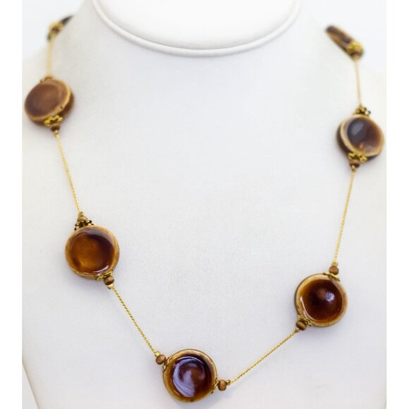 30 inch, Vintage Art Deco Circular Faux Gems Gold Tone Necklace - K46 - Picture 2 of 3